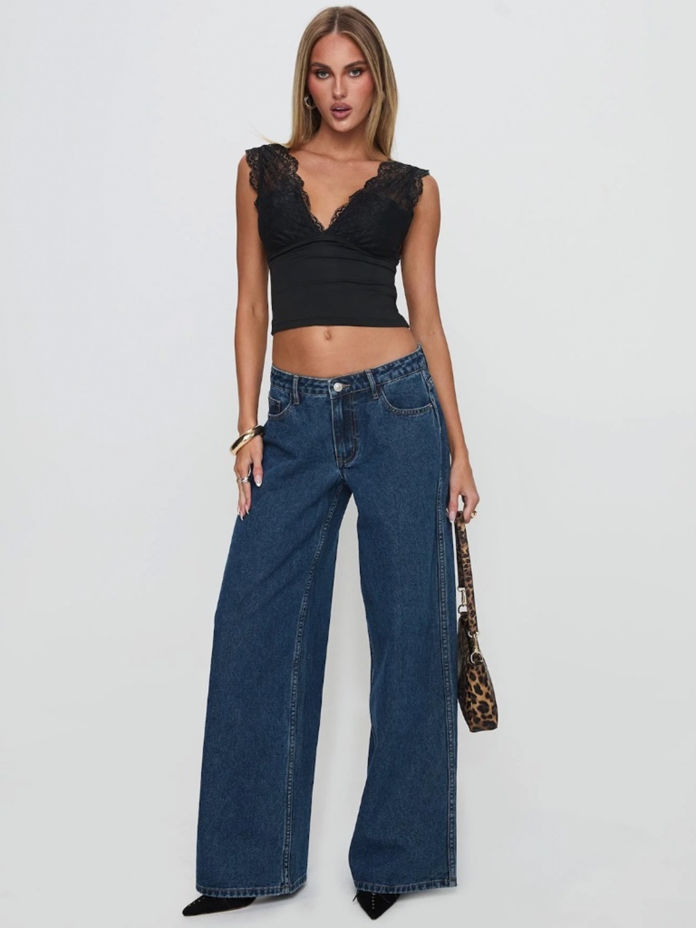 Princess Polly Mid Rise Straight Wide Denim Jeans Back Flap Pockets - Picture 2 of 8